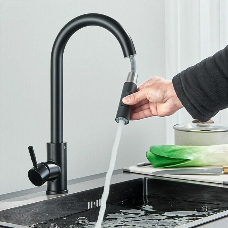 Schwarzer Küchenarmatur, 2-Modus-Küchenarmatur, Teleskop-Wasserhahn, 360°-Schwenkdüse aus 304 Edelstahl