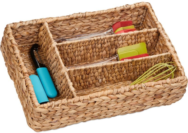 Relaxdays - Besteckkasten mit 4 Fächern, Schubladen Ordnungssystem, HxBxT: 10,5 x 42 x 29 cm, aus Wasserhyazinthe, natur