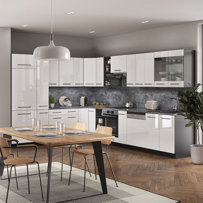Vicco - Eckküche Fame-Line, Weiß Hochglanz/Anthrazit, 347 x 257 cm ohne Arbeitsplatte
