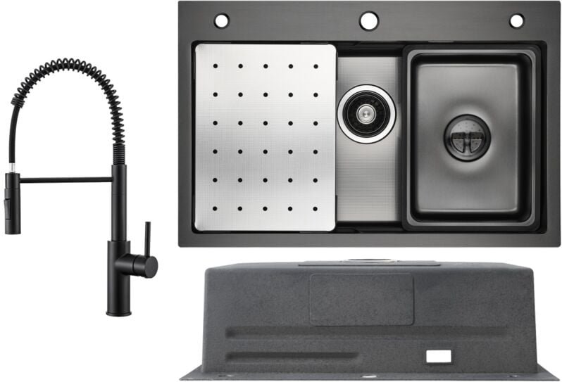 Cecipa Max - Küchenspüle aus Edelstahl 70x45cm Anthrazitschwarz Mit Abtropffläche + Feder-Küchenhahn Schwarz Mit 2 Strah...