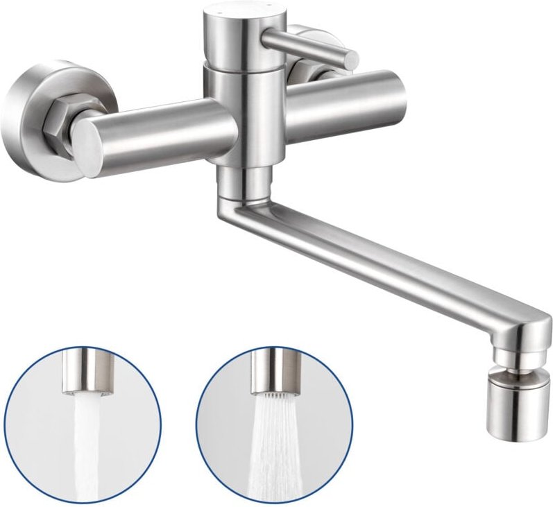 Cecipa Wand-Küchenarmatur Gebürstete Küchenspülenhahn Edelstahl-Wasserhahn 2 Strahlarten 360° schwenkbar