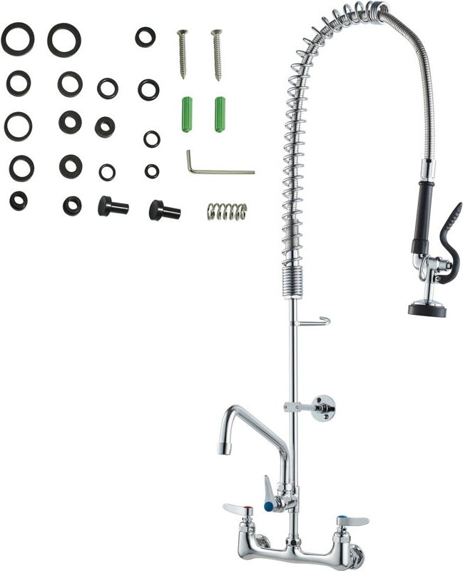 Kommerzieller Wasserhahn mit Vorspülbrause, 91,4 cm Höhe, 20,3 cm Mitte, 30,5 cm Schwenkauslauf, Wandmontage, aus Messin...