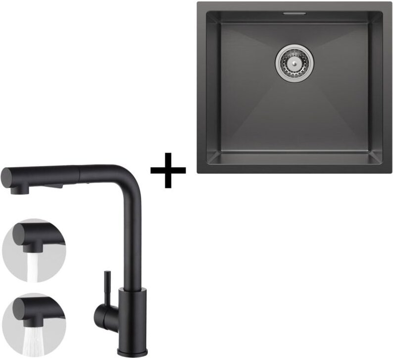 Cecipa Edelstahlspüle 50 x 44 cm Küchenspüle Schwarz Unterbauwaschbecken + 31cm Küchenarmatur ausziehbarer Schwarz Küche...