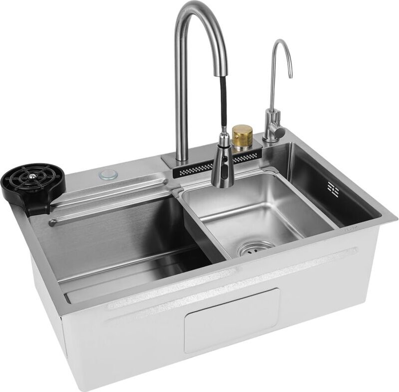 Eingebaute Doppelwaschbecken Küchenspüle Wasserfall Edelstahlspüle Haushaltsspülen-Set,mit 4 Wasser-Modi,75 35 21cm (2 W...