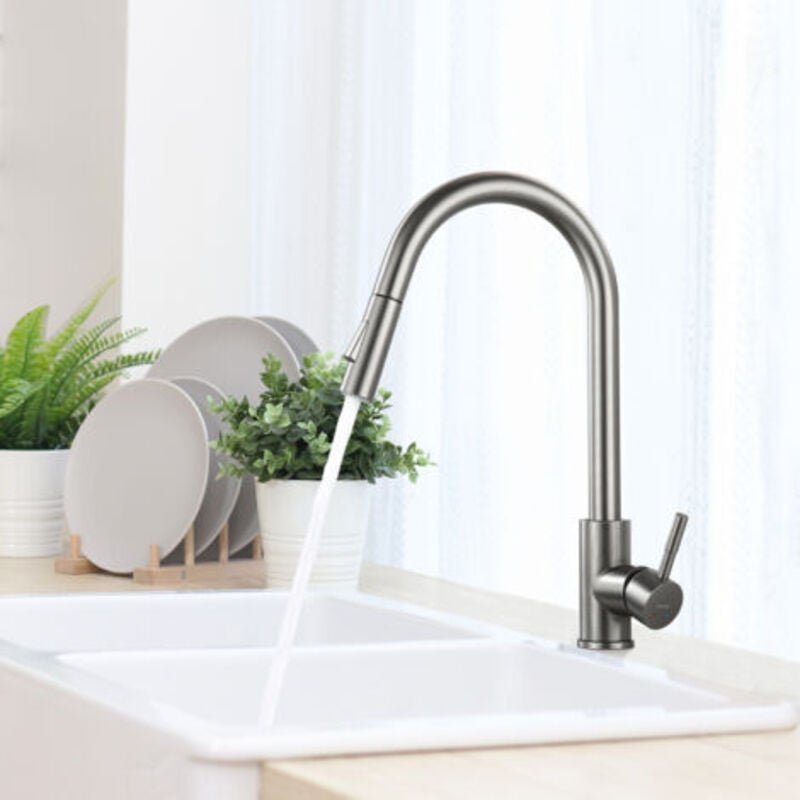 Küchenarmatur mit Ausziehbrause Dunkelgrau 360° Drehbar Edelstahl Küchenspüle Mischbatterie 2 Funktionen
