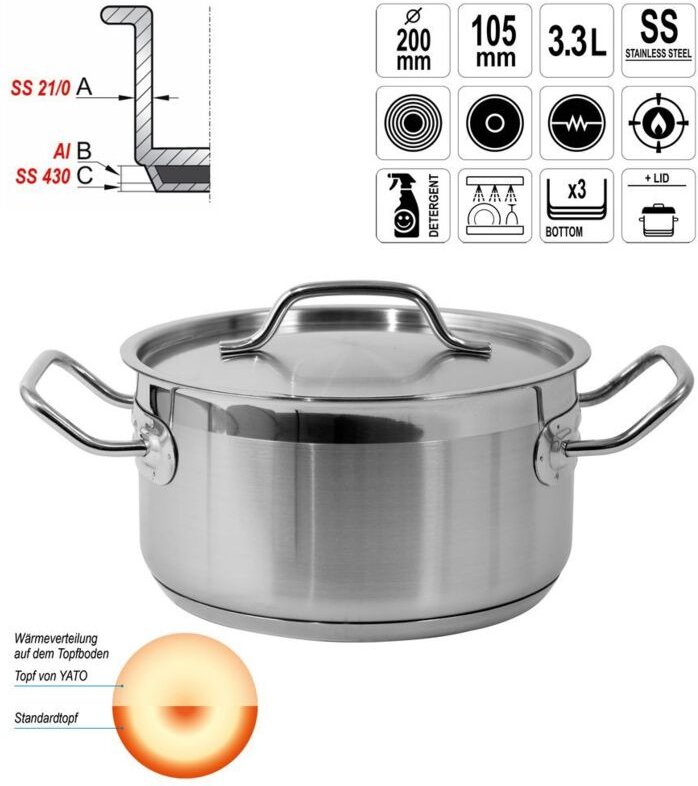 Kochtopf mit Deckel 20x10,5 3,3L Gastronomie Qualität Edelstahl Topf Gastro Induktion