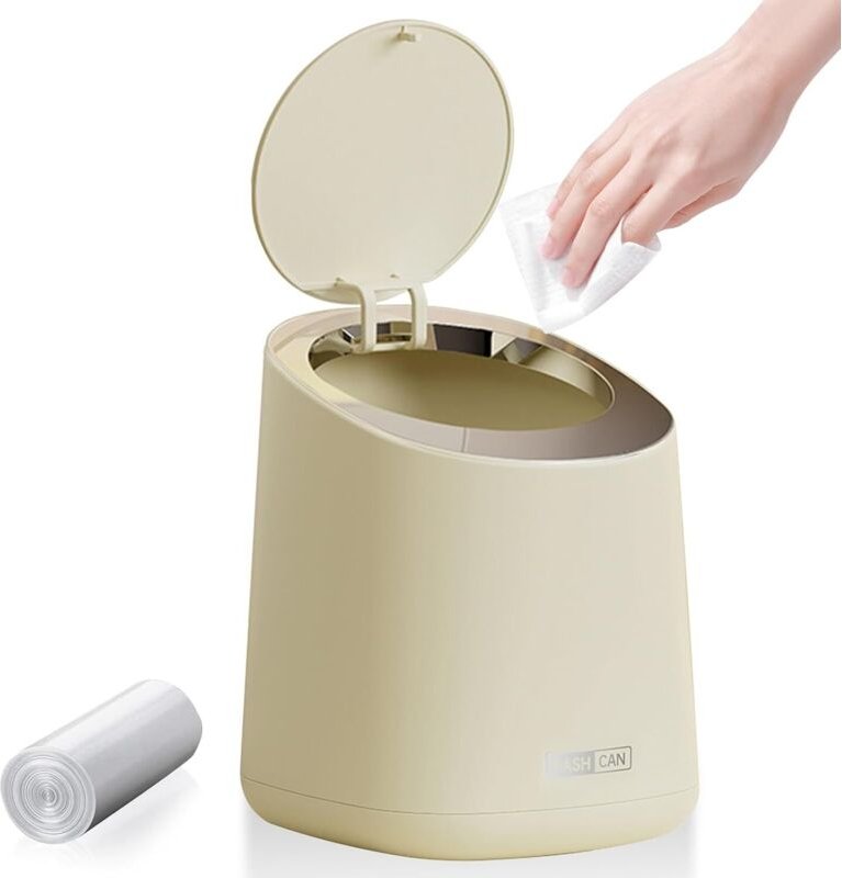 Tisch-Mülleimer mit Druckknopfdeckel, 2-Liter-Mini-Mülleimer für Badezimmer, Büro-Mülleimer für Wohnzimmer, Büro, cremef...
