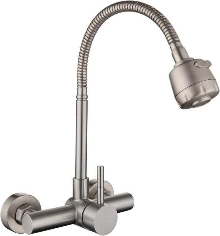 Wandmischer-Küchenarmatur aus Edelstahl 304, 360° drehbarer Spülbeckenhahn mit flexiblem Schlauch – gebürstet
