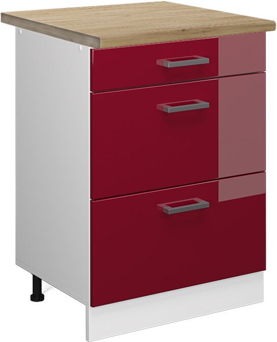 Küchenunterschrank R-Line, Bordeaux Hochglanz, 60 cm mit Schubladen, ap Eiche Vicco