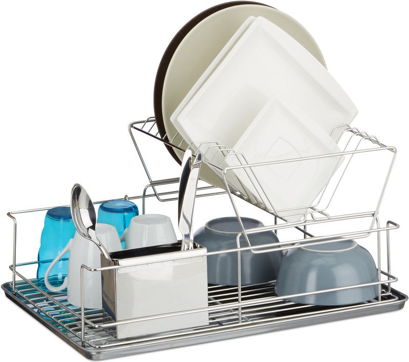 Relaxdays - Abtropfgestell, Mit Besteckhalter, Abtropfgitter, Abtropfschale Edelstahl, Robust, hbt: ca. 23,5 x 48 x 32 c...