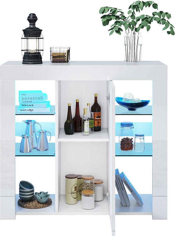 SONNI LED Sideboards Aufbewahrungsschrank mit 1 Tür, offenes Fach, verstellbare gehärtetes Glas Küchenschrank, 90x35x83c...