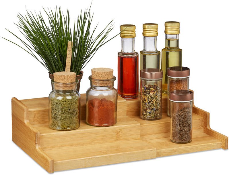 Relaxdays - Gewürzregal Bambus, 3 Etagen, ausziehbar, natürliche Optik, Gewürztreppe Arbeitsfläche, hbt: 9x38x22cm, natu...