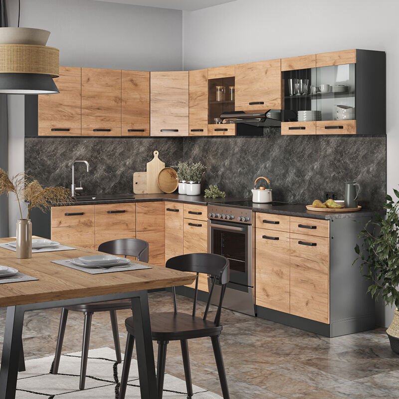 Thumbnail - Vicco - Eckküche Rick, Anthrazit/Goldkraft Eiche, 267 x 167 cm , ap Schwarz