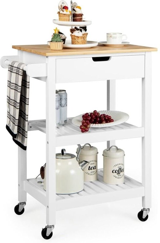 Kleiner Küchenwagen auf Rollen, Servierwagen aus Bambus Holz, Kücheninsel mit Schublade & Schiebegriff & 2 offenen Regal...