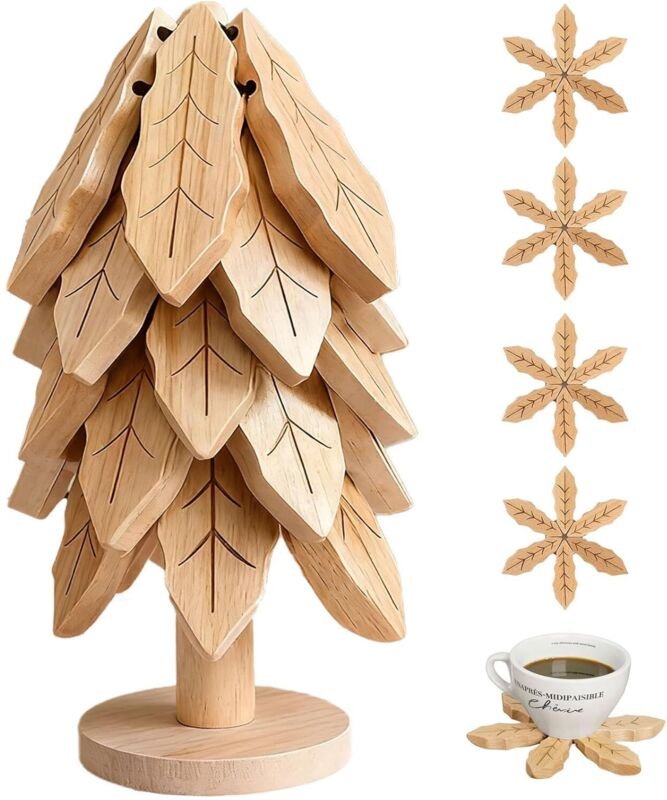 Holz Untersetzer Baum Set (5 Untersetzer + 1 Ständer) Bambus Topfuntersetzer Weihnachtsbaum Design Küchenzubehör Tischde...