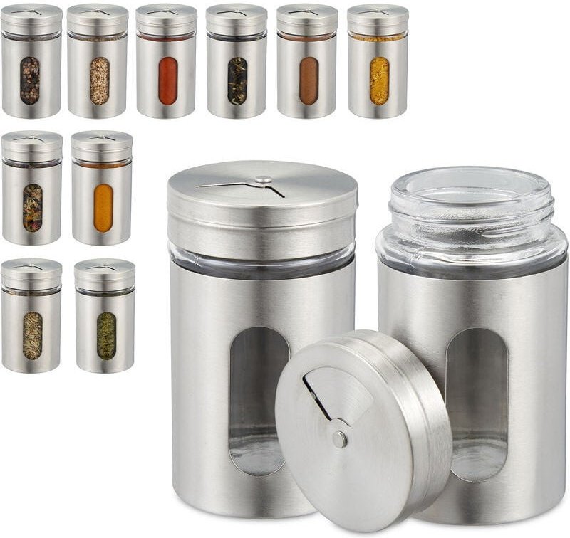 Relaxdays - Gewürzstreuer, 12er Set, 3 Streugrößen, Sichtfenster, Gewürze & Kräuter, Glas, Edelstahl, Gewürzgläser, silb...