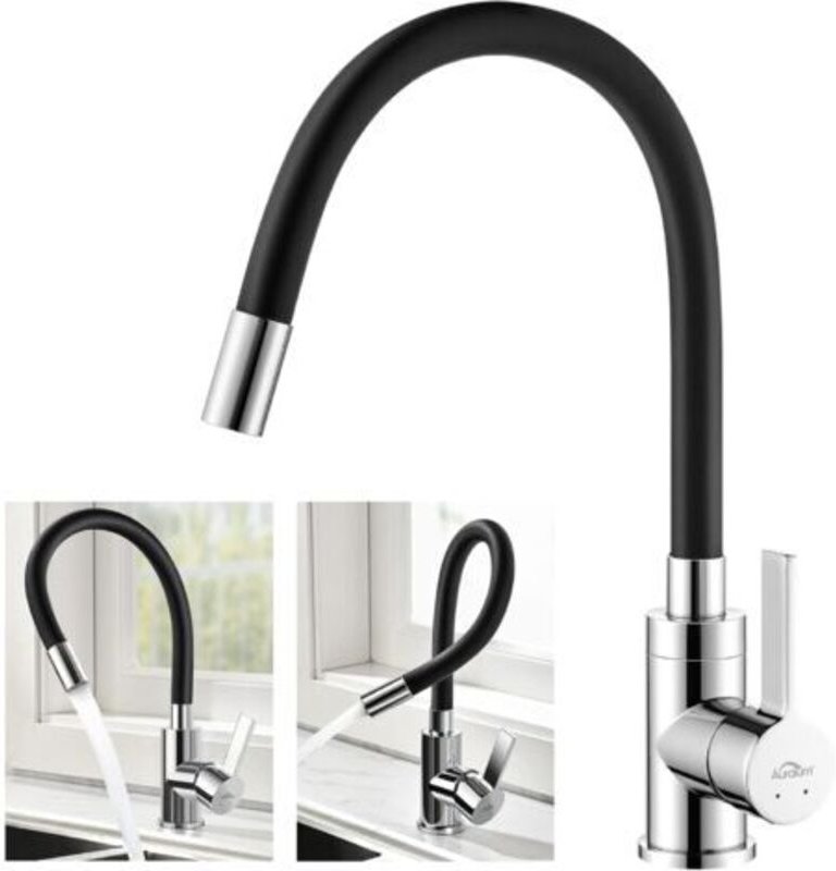 Flexible Küchenarmatur, hoher Auslauf, frei drehbarer Mischbatterie, flexible Spüle, verchromtes und schwarzes Messing, ...