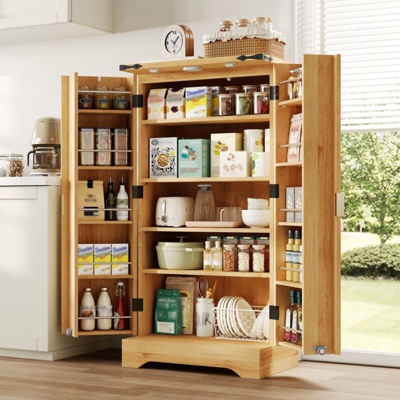 Küchenbuffet 60,5 x 40 x 120 cm – Aufbewahrungsschrank mit LED-Sensorleuchte und verstellbaren Regalen – europäisches Na...