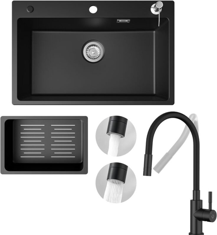 Cecipa Max - Küchenspüle 70x45cm Granitspüle Anthrazitschwarz Mit Seifenspender + Universeller Küchenarmatur Schwarz Hoh...