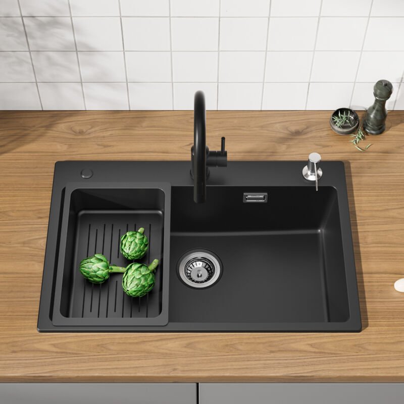 CECIPA MAX Granit Spüle 70 x 45 cm Aufsatzspüle mit Seifenspender & Abtropfkorb Küchenspüle Granit inkl. Siphon Ab- und ...