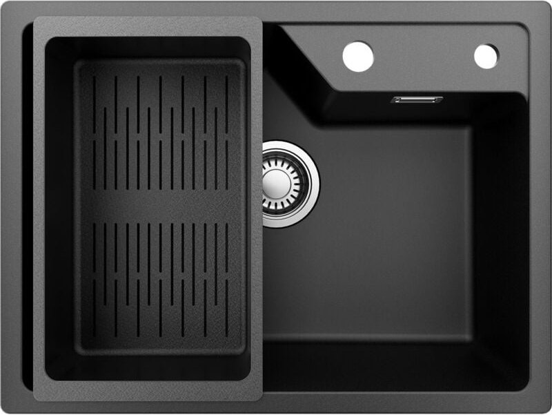 Granitspüle 60 x 45 cm, Küchenspüle Granit, Aufsatzspüle für die Küche, mit Siphon Ab- und Überlaufgarnitur, Anthrazit -...