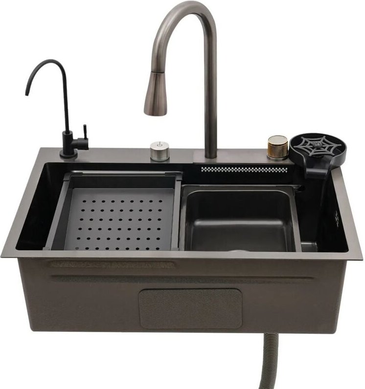 Einbauspüle Küchenspüle led Spülbecken Schwarz Edelstahl 45x68 Küchenarmatur Set