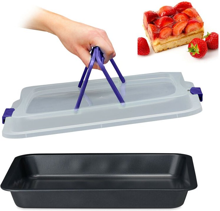 Relaxdays - Backblech mit Deckel, 3 in 1 Kuchen Transportbox, bt 40,5 x 32,5 cm, Backform, Transporthaube, schwarz/ blau