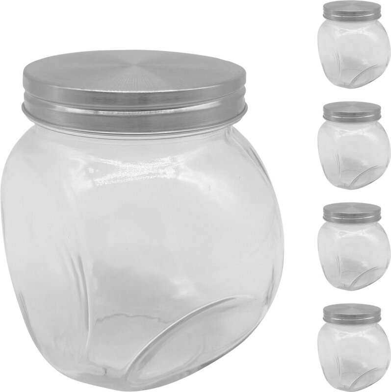 Relaxdays Bonbonglas, 5er Set, 650 ml, Vorratsgläser für Süßigkeiten, Candy Bar, Edelstahl-Deckel, transparent/silber