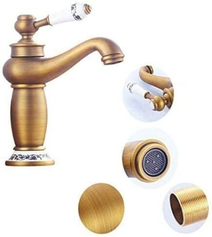 Retro-Waschtischarmatur aus Messing und Keramik, blau-weißes Porzellan mit langem Hals, Vintage-Blumenmuster, mit Warm- ...