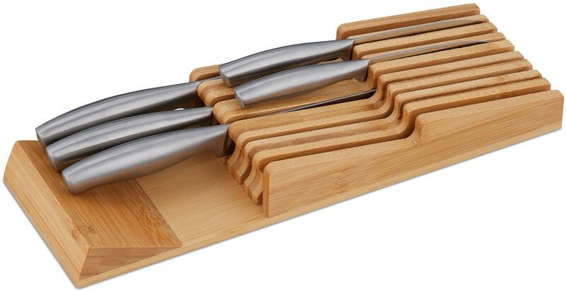 Relaxdays Messerhalter Schublade, für 9 Messer, Bambus Messerblock für Schublade, HBT: 5,5 x 13 x 40 cm, liegend, natur