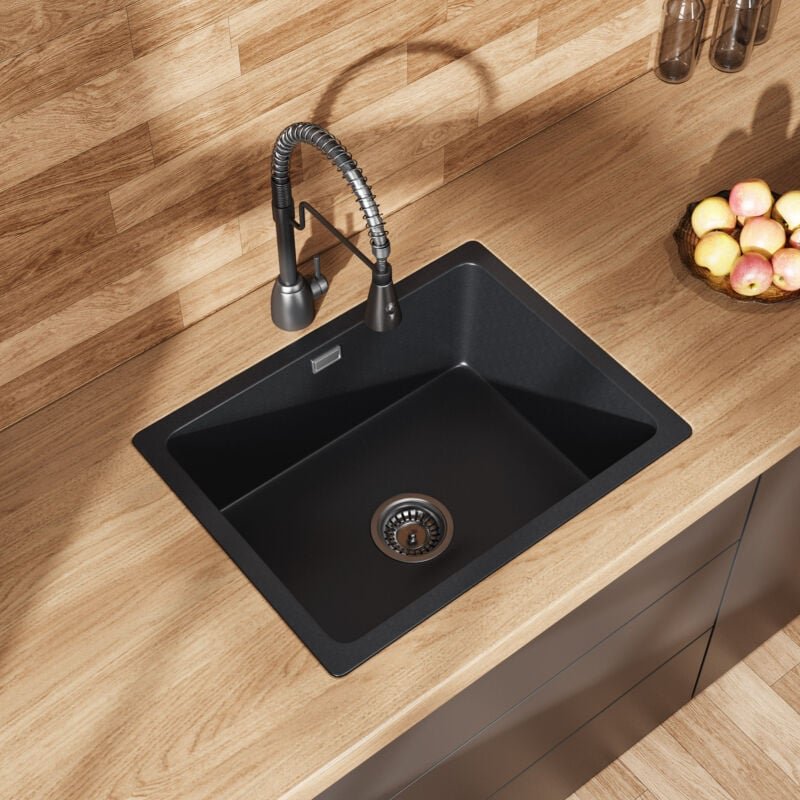 Schwarz Granit Küchenspüle inkl. Ablaufgarnitur - Granit 1 Becken Einbauspüle, 80% Quarzsand Küchenspüle 56 x43 cm HOROW
