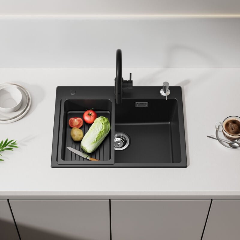 Cecipa Max - cecipa Granitspüle Küchenspüle 70 x 45 cm Schwarz Küchenspüle mit Seifenspender und Abflusskorb