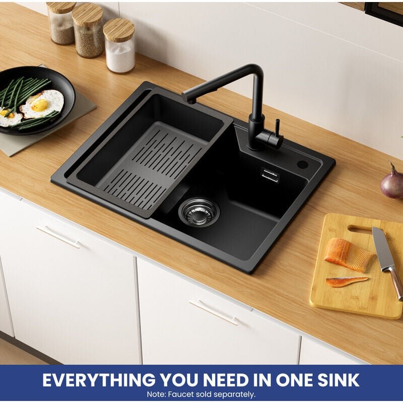 Sofetiy Max 60 x 45 cm Granitspüle, Küchenspüle Granit mit Abtropfkorb, Aufsatzspüle für die Küche, mit Siphon Ab- und Ü...