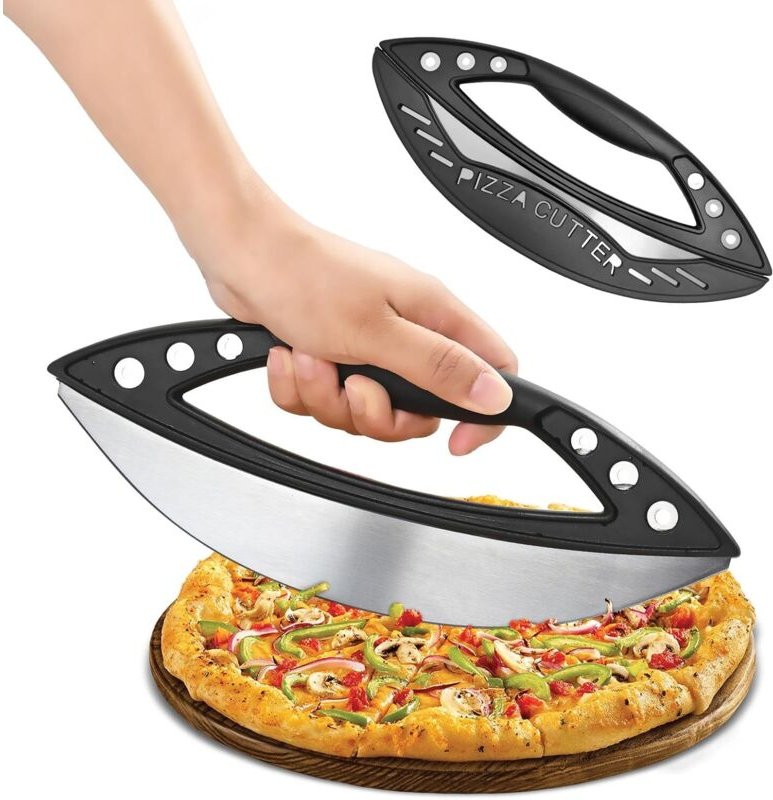 CCYKXA Großer Pizzaschneider mit Schutzhülle (29 cm), Klinge aus Edelstahl, mit 6 Vanille-Aushöhlungslöchern, mit rutsch...