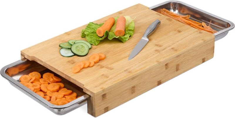 Relaxdays - Schneidebrett mit 2 Auffangschalen, HxBxT: 8x45x30 cm, erhöhtes Küchenbrett, Bambus & Edelstahl, natur/silbe...