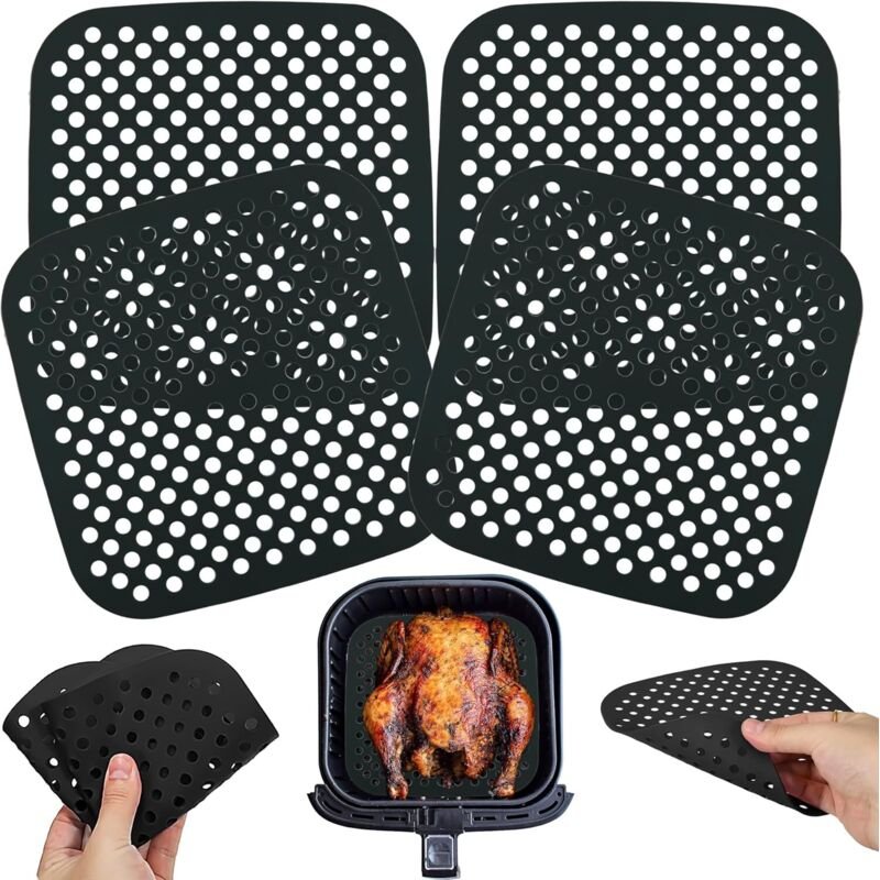 21 cm quadratische Silikon-Luftfritteusenkorbeinlagen, 4 Stück, perforierte antihaftbeschichtete wiederverwendbare Matte...