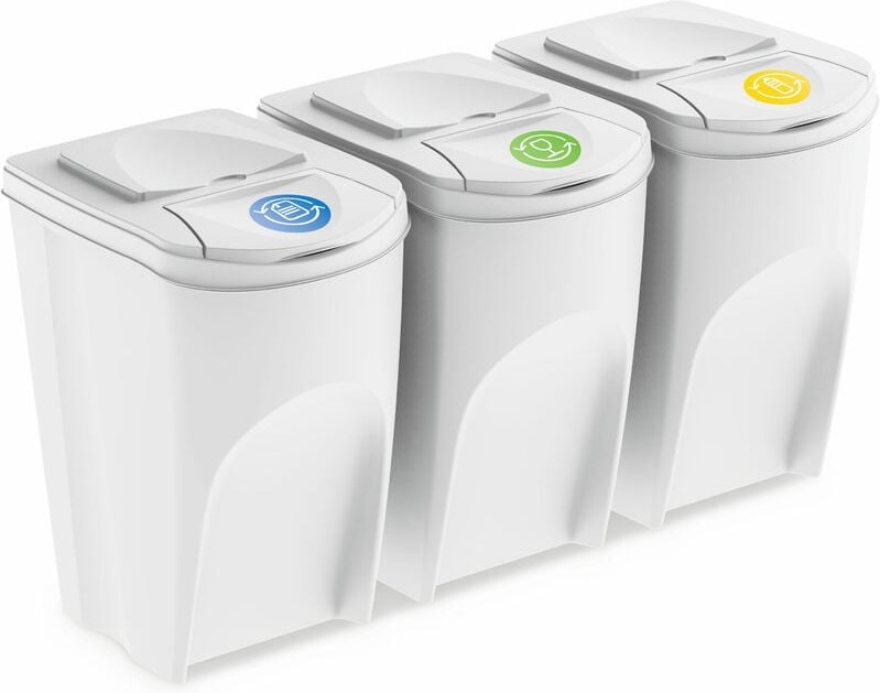 Spetebo - xl Sortibox Mülleimer mit Deckel 3er Set - 35 l / weiß - Müll Trennsystem Abfall Trenner stapelbar
