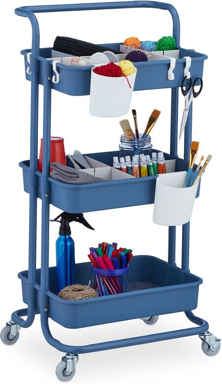 Relaxdays Rollwagen, 3 Etagen, Allzweckwagen, Hobby, Büro, Bad, Küchenwagen HBT 86x43x42 cm, Metall & Kunststoff, blau
