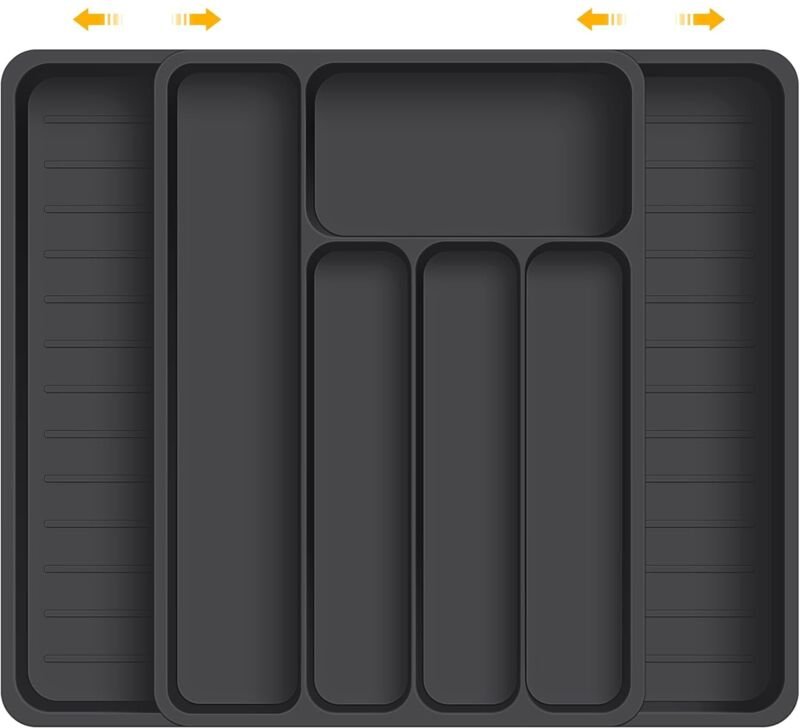 Schwarzer Besteckkasten aus Kunststoff mit 7 Fächern, Maße 37 x 28 cm, zur Aufbewahrung von Geschirr in Schubladen