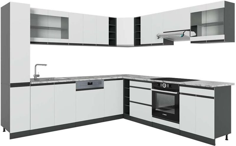Vicco - Eckküche R-Line, Weiß/Anthrazit, 257 x 277 cm J-Shape, ap Marmor