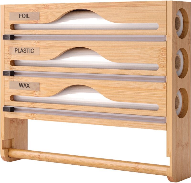Relaxdays Wandrollenhalter 4in1, Küchenrolle, Frischhalte-, Alufolie, Butterbrotpapier, Bambus, HBT: 30x35,5x7 cm, natur