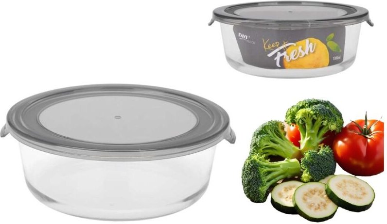 Hitzebeständiger Glasbehälter, rund, Salatschüssel mit Deckel, für Lebensmittel, KEEP IT FRESH, 1300 ml, grau