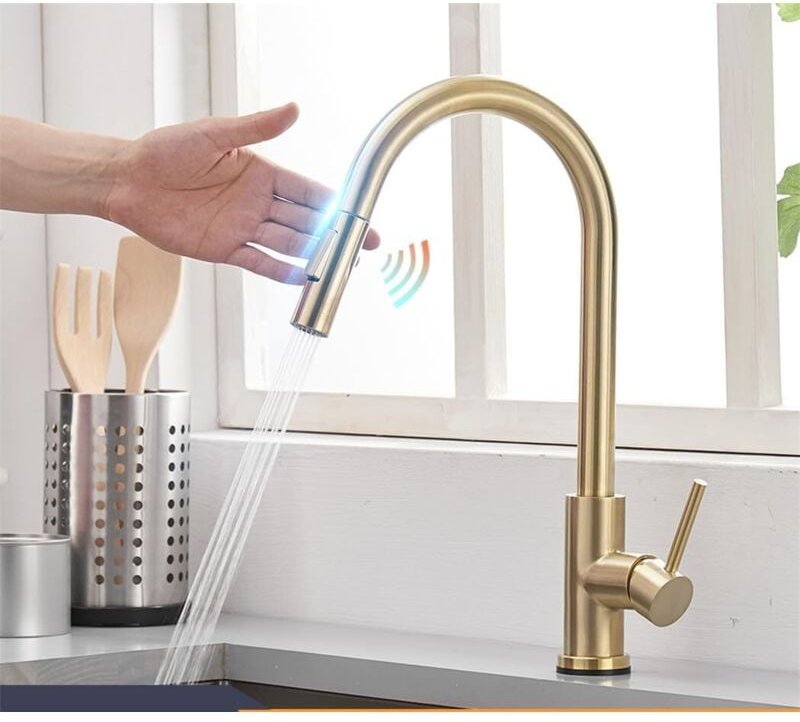 Robinets de cuisine à capteur tactile en or brossé, robinet mitigeur tactile inductif sensible, poignée unique, double s...