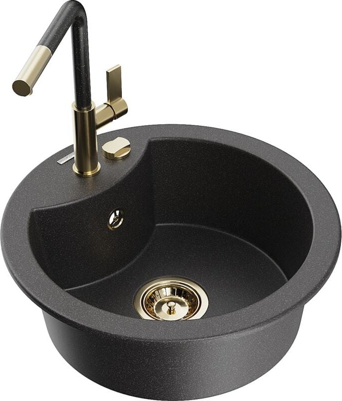 Mexen Diego 1-Becken-Granitspüle mit Mischbatterie Flora, Schwarz gesprenkelt - 6512-76-670401-75-G