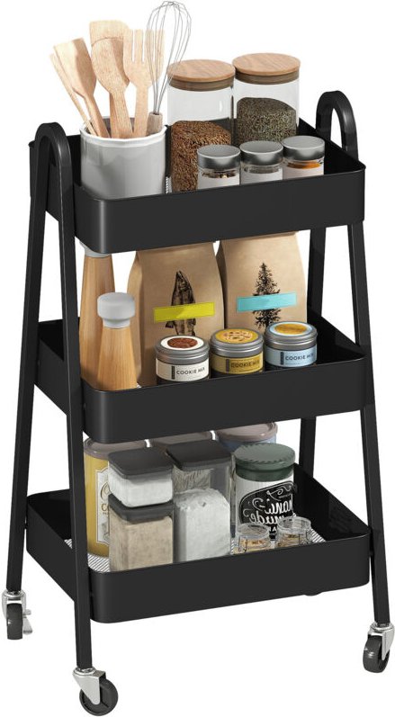 Servierwagen mit 3 Ebenen Küchenwagen mit Rollen Griff Rollwagen mit Bremse für Küche Büro Badezimmer, Schwarz