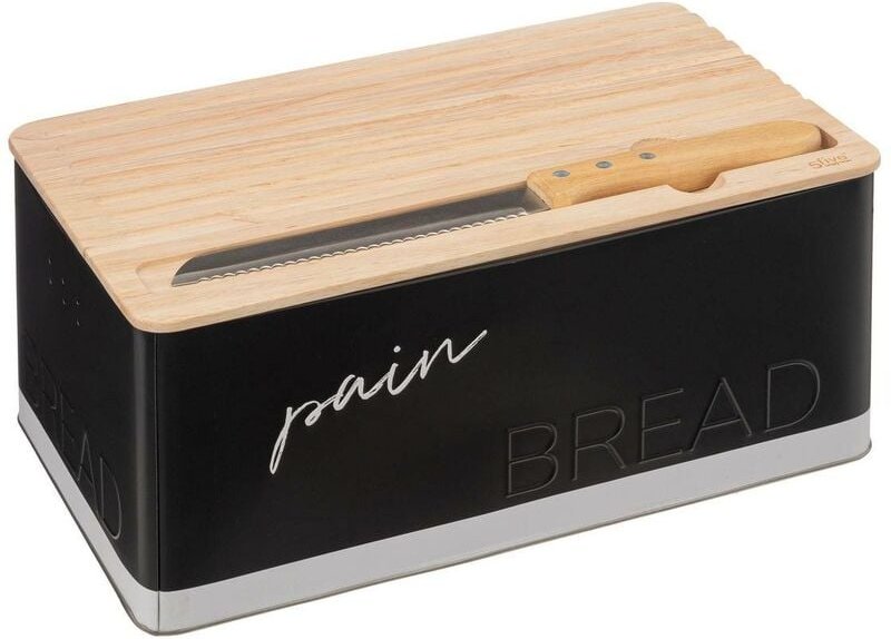 5five Simply Smart - Schwarzer Brotkasten mit Schneidebrett und Messer, 32,7 x 20,2 x 14,5 cm