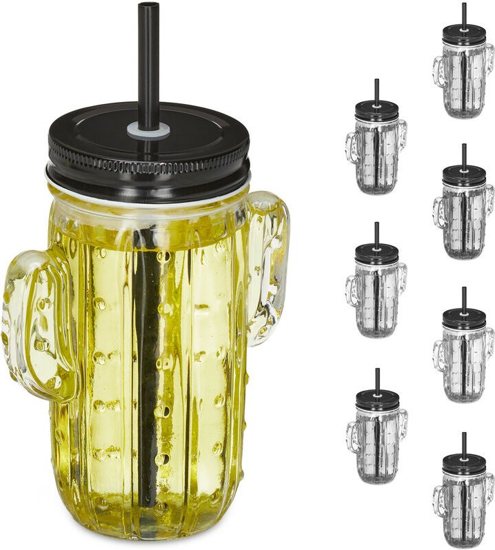 Trinkgläser mit Strohhalm & Deckel, 8er Set Eisteebecher, Limonadengläser Kaktus, 500 ml, Gastro, transparent - Relaxday...