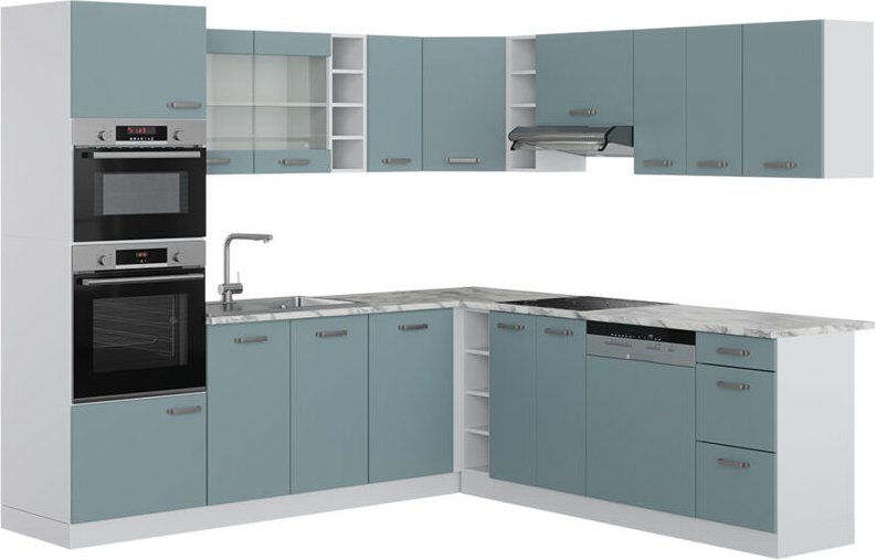 Vicco - Einbauküche in L-Form R-Line, Blau-Grau, 237 x 60 cm , ap Marmor