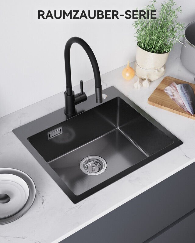 Sofetiy Max Edelstahl Küchenspüle 50 x 48 cm Spülbecken, 50/48 cm Aufsatzspüle, Anthrazit Schwarz