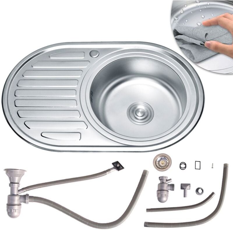 Mucola - 77CM Edelstahlspüle Rundbecken Einbauspüle Spüle + Ablage Küchenspüle Spülbecken